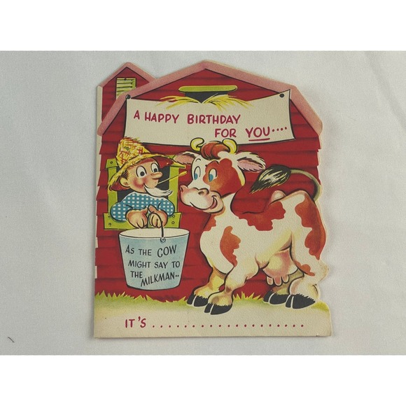 The DA Line Other - Vintage DA Line Birthday Card Cow Milkman Barn Die Cut MidCentury Ephemera 00842